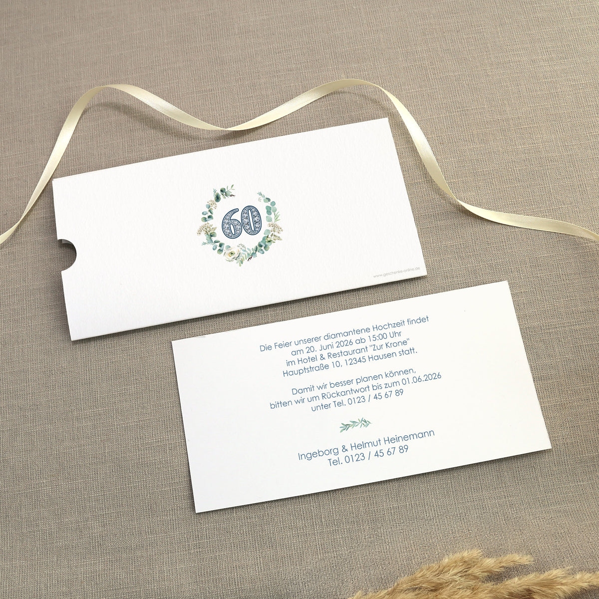 Hochzeitseinladung - Ziehkarte mit zwei Fotos zur Diamantenen Hochzeit mit Wunschdaten