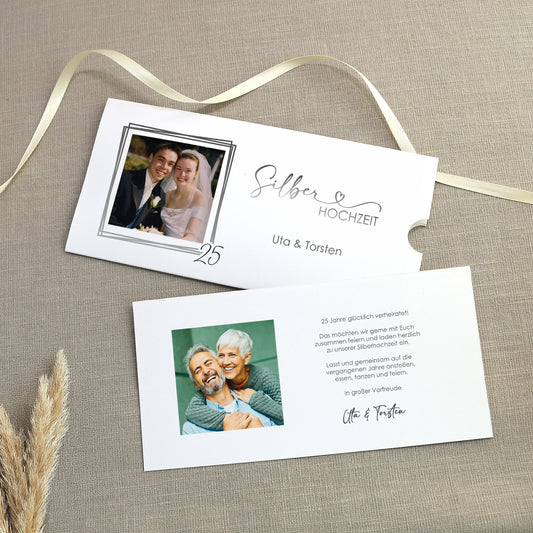 Hochzeitseinladung - Ziehkarte mit zwei Fotos zur Silberhochzeit mit Wunschdaten