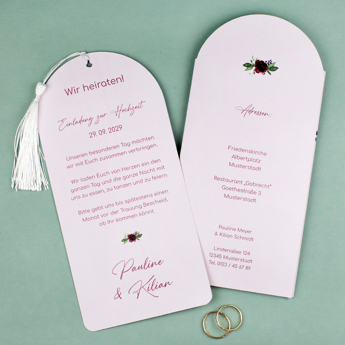 Rückseiten der Ziehkarte Hochzeit mit Adressfeld und floralem Detail, zwei Karten nebeneinander