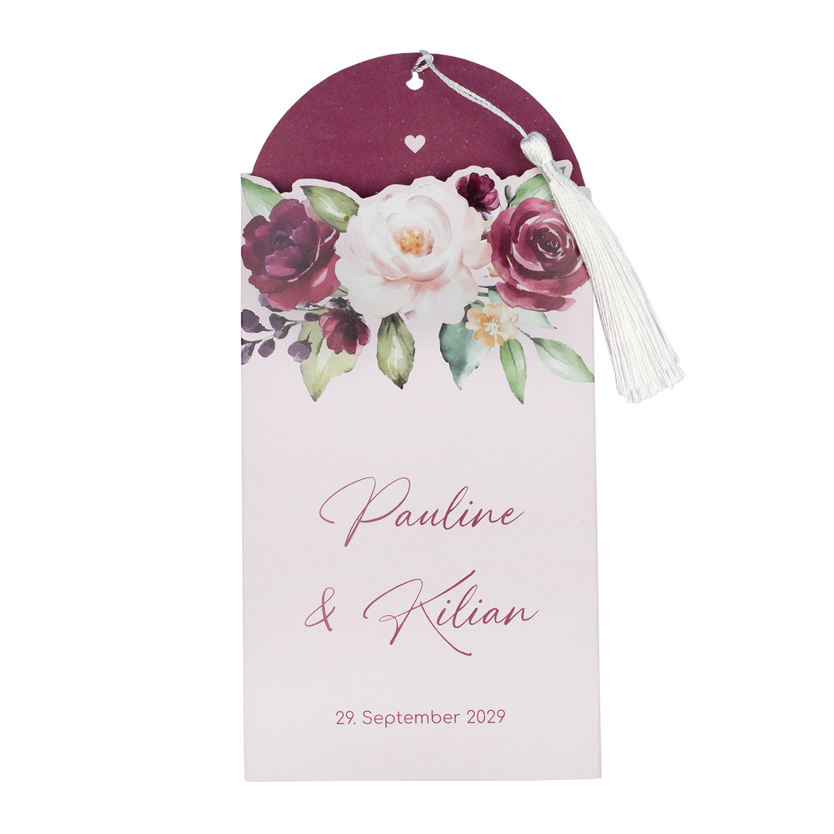 Ziehkarte Hochzeit auf weißem Hintergrund, Vorderseite mit Blumenmotiv und Quaste