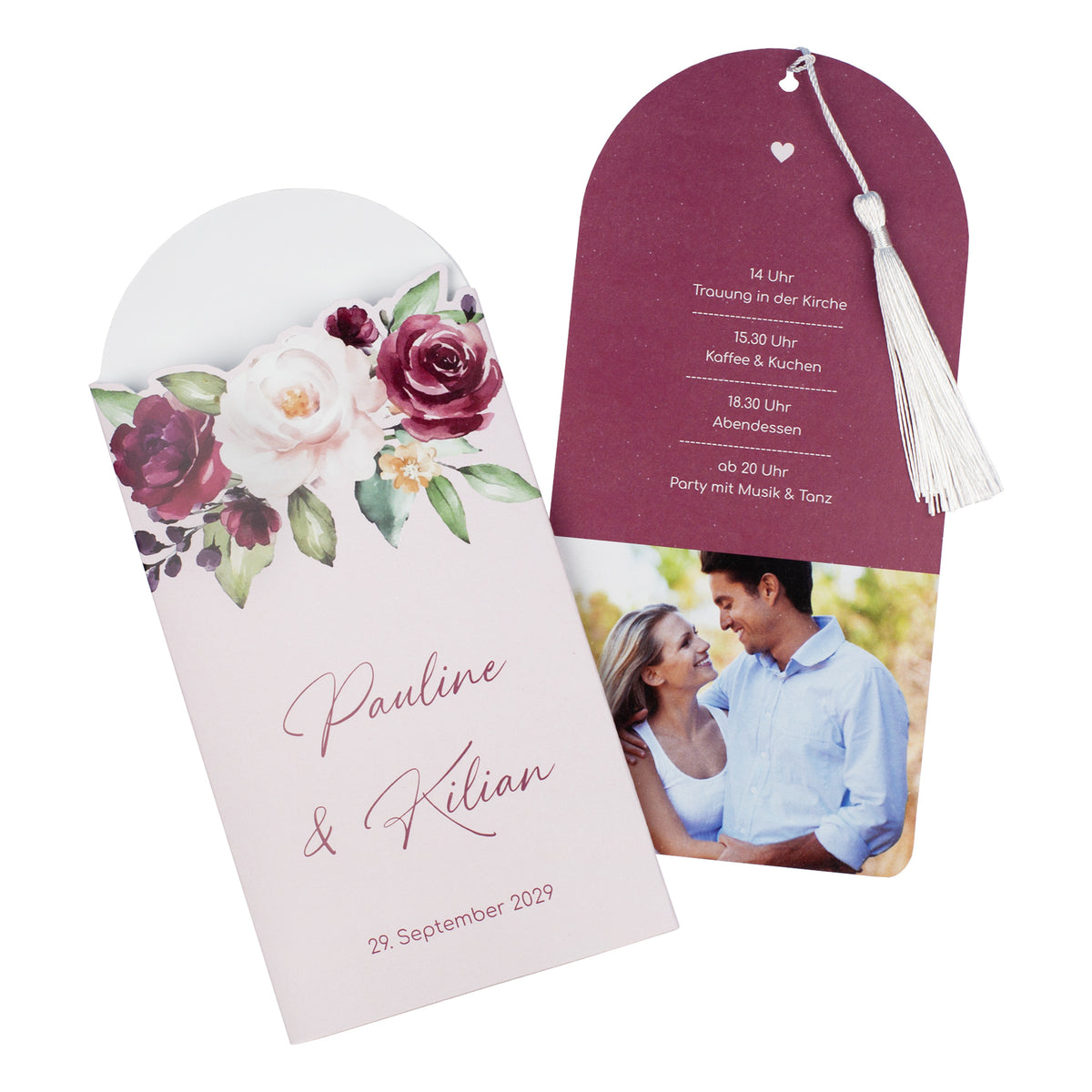 Ziehkarte Hochzeit auf weißem Hintergrund, Vorderseite und herausgezogener Innenteil mit Foto