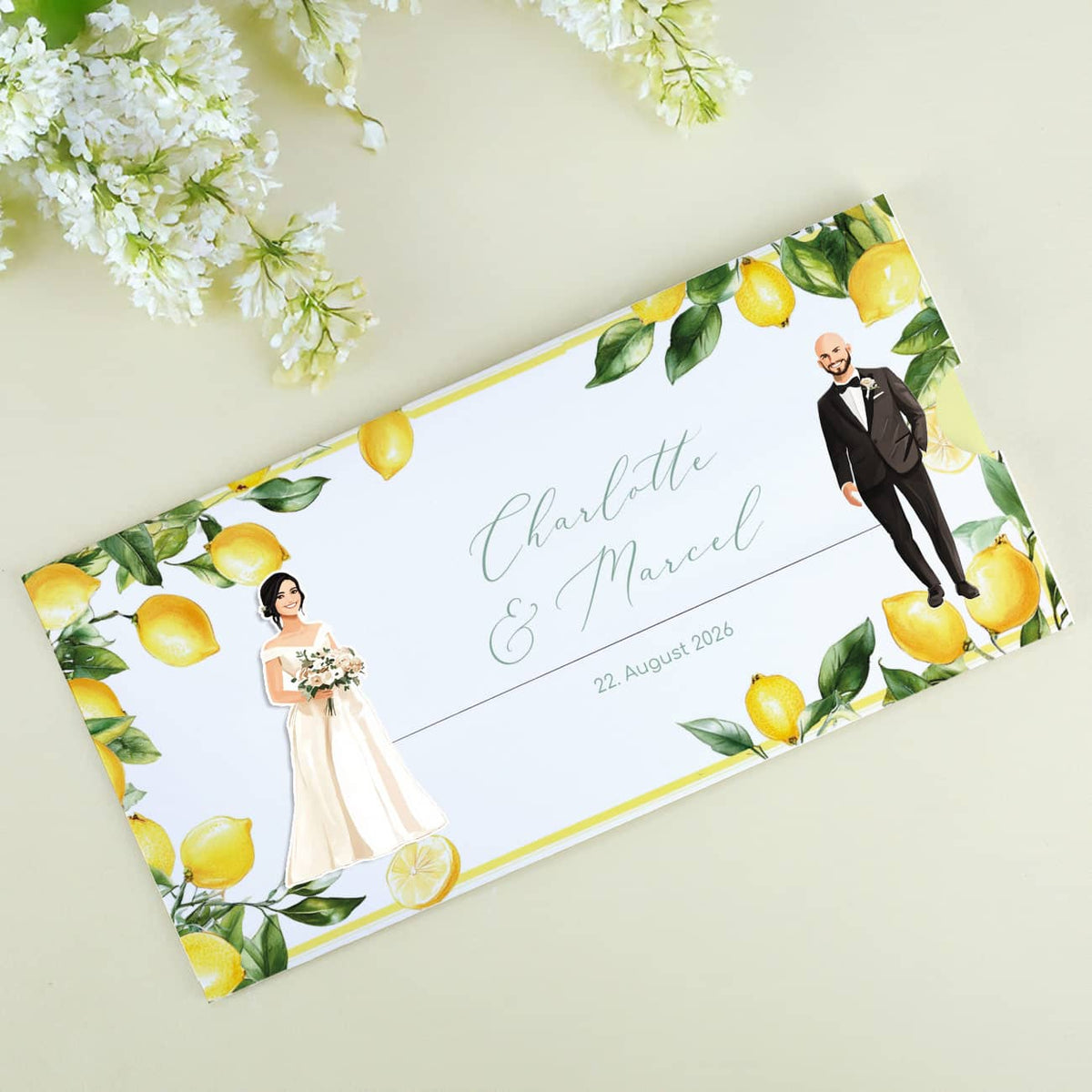 Hochzeitseinladung - Ziehkarte mit Brautpaar - Zitronen