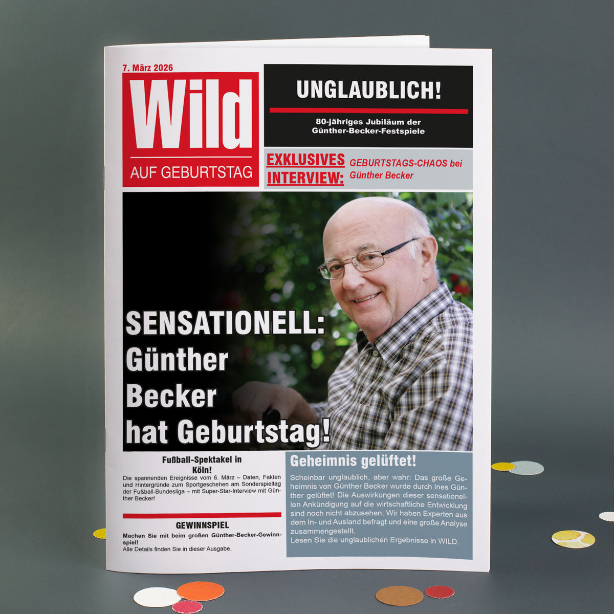 Ausgabe „Wild auf Geburtstag“ mit personalisierter Titelseite für Günther Becker, witzige Headlines und Jubelthemen