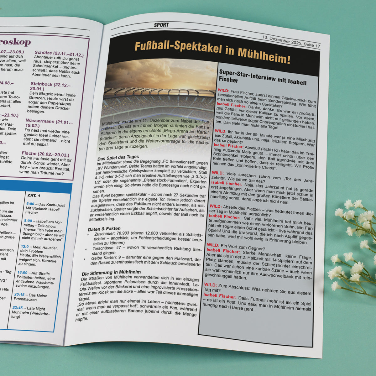Sportseite mit Interview, Fußball-Thema und Geburtstagsbezug aus der personalisierten Zeitung