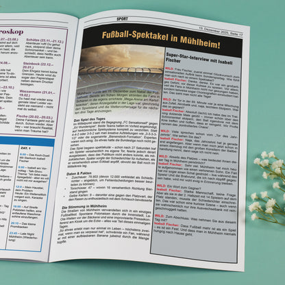 Sportseite mit Interview, Fußball-Thema und Geburtstagsbezug aus der personalisierten Zeitung
