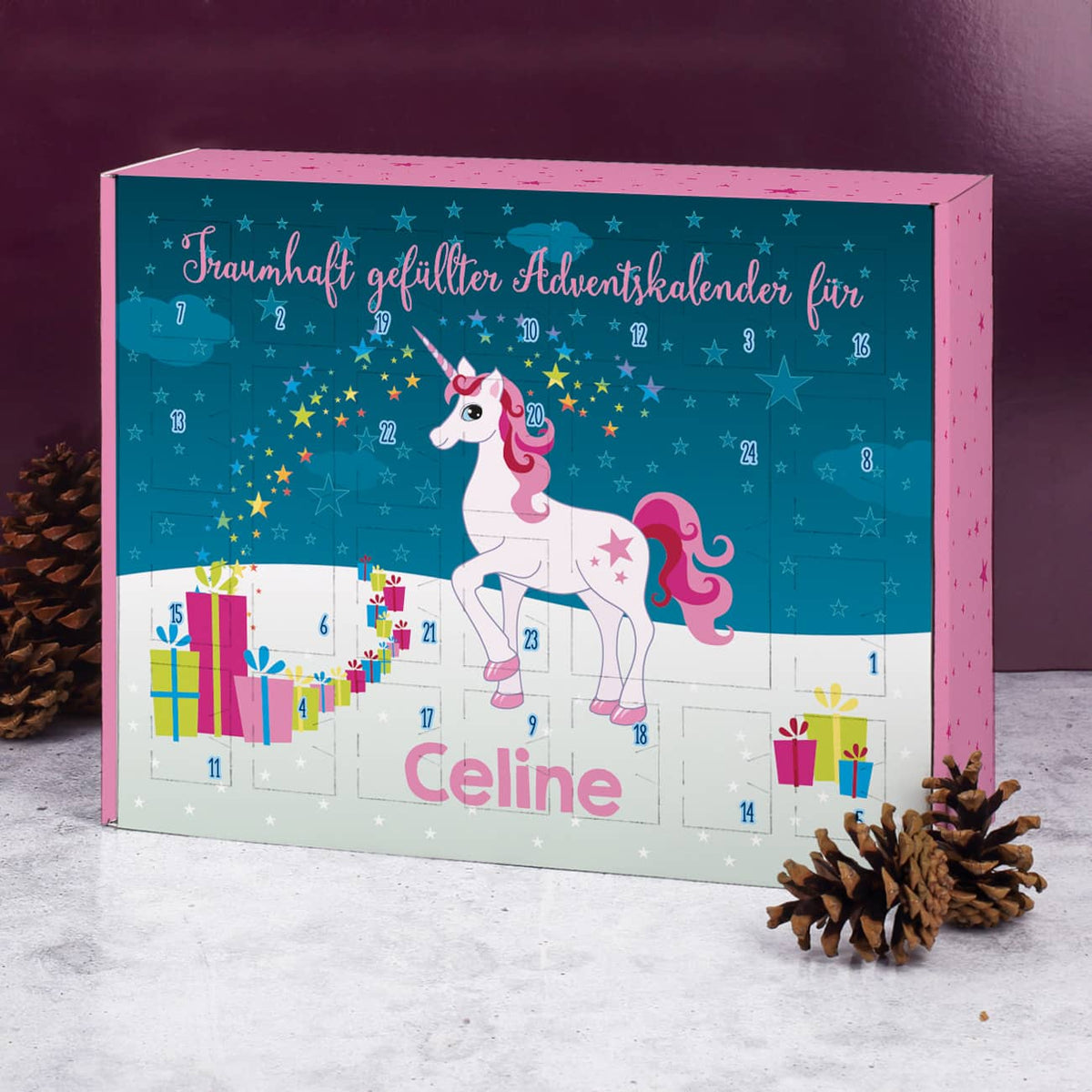 Einhorn - Adventskalender zum selbst Befüllen mit Name und Wunschtext