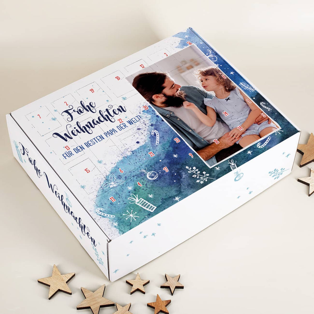 Adventskalender in Watercolor-Optik mit Foto und Wunschtext