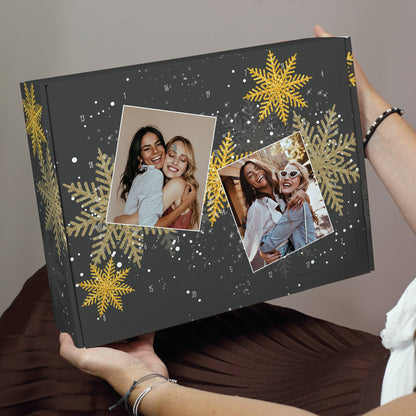 Foto Adventskalender mit goldenen Schneeflocken & 2 Fotos bedruckt