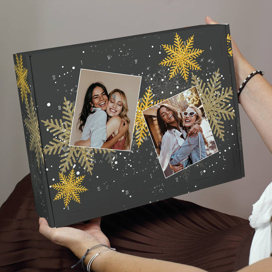 Foto Adventskalender mit goldenen Schneeflocken & 2 Fotos bedruckt