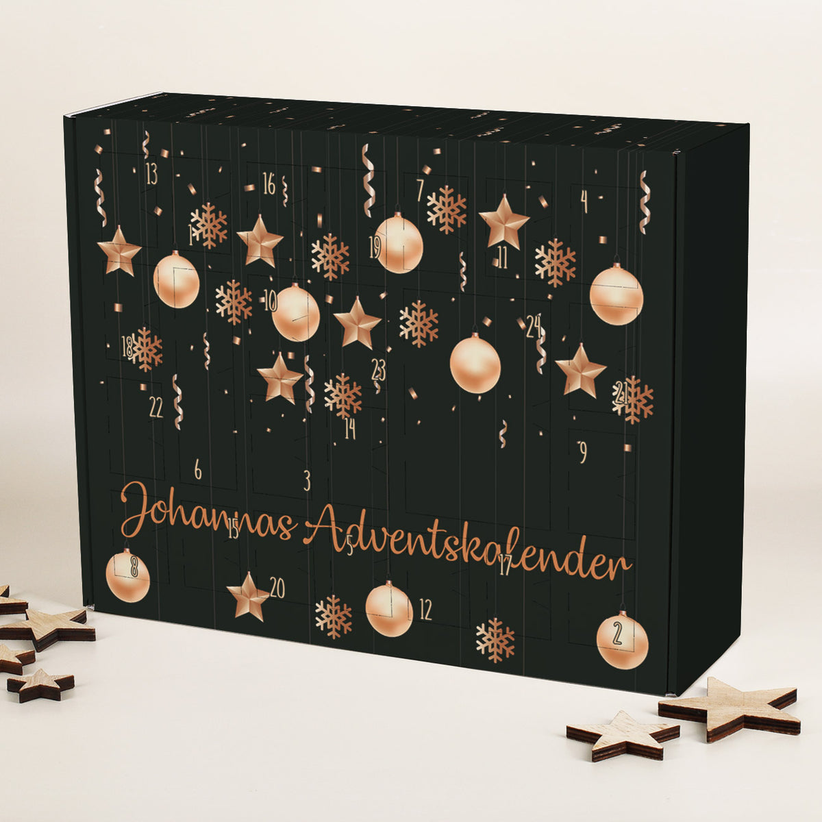 DIY Adventskalender zum selbst Befüllen mit roségoldenem Weihnachtsschmuck