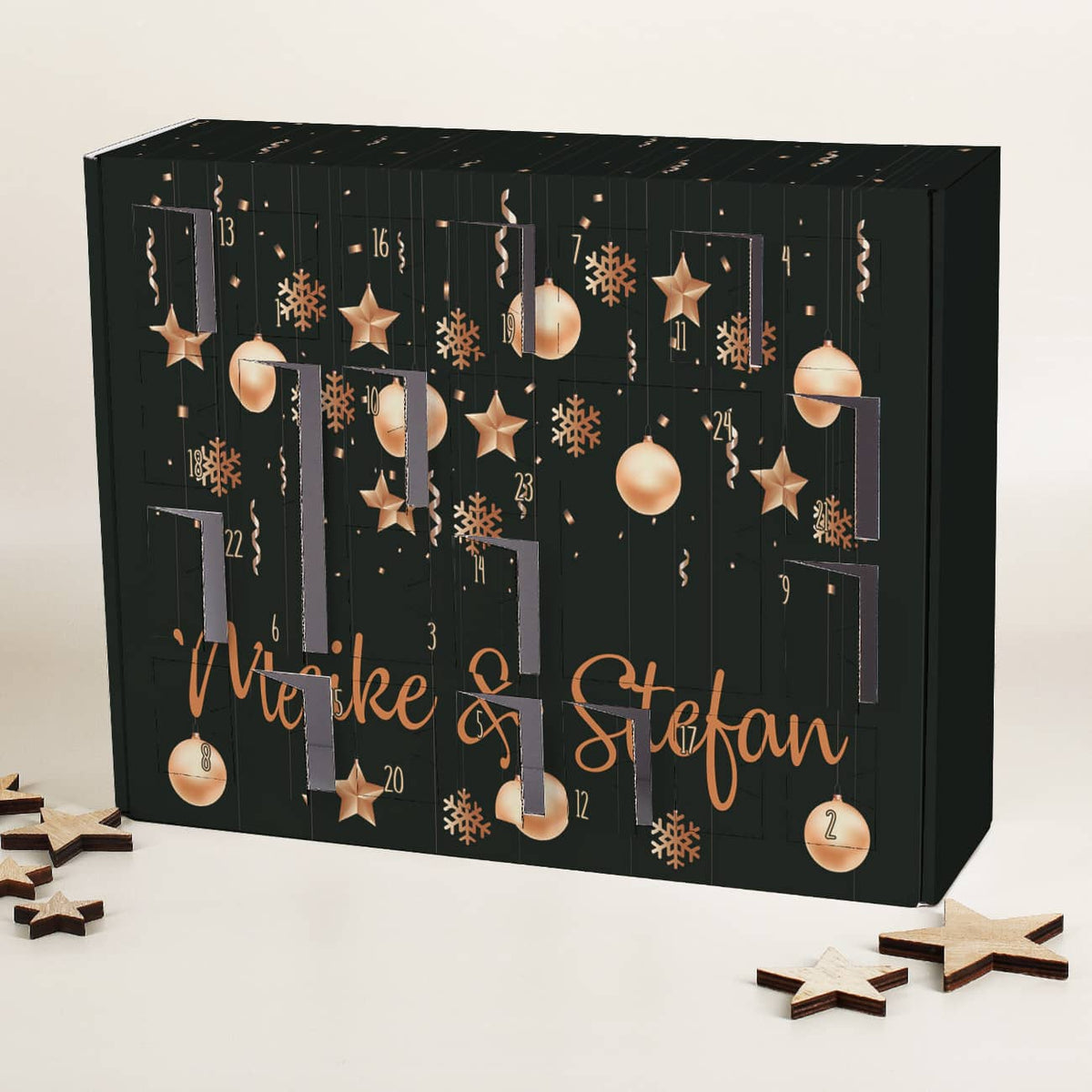 DIY Adventskalender zum selbst Befüllen mit roségoldenem Weihnachtsschmuck
