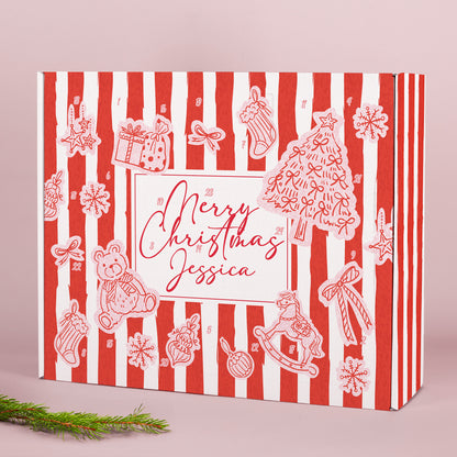Personalisierter Adventskalender mit Name und Merry Christmas Motiv in Rot und Weiß zum Selbstbefüllen