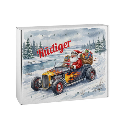 Personalisierter Adventskalender mit Name und Weihnachtsmann im Hot Rod freigestellt
