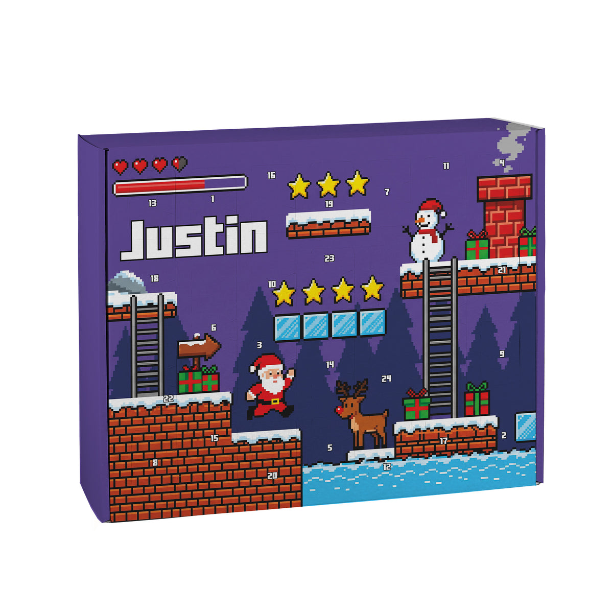 Personalisierter Gaming Adventskalender mit Weihnachtsmann, Rentier, Schneemann und Geschenken im 8-Bit-Stil