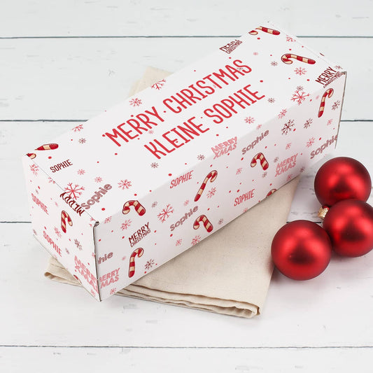 Pappbox zu Weihnachten mit Zuckerstangen-Motiv, Wunschname und Wunschtext