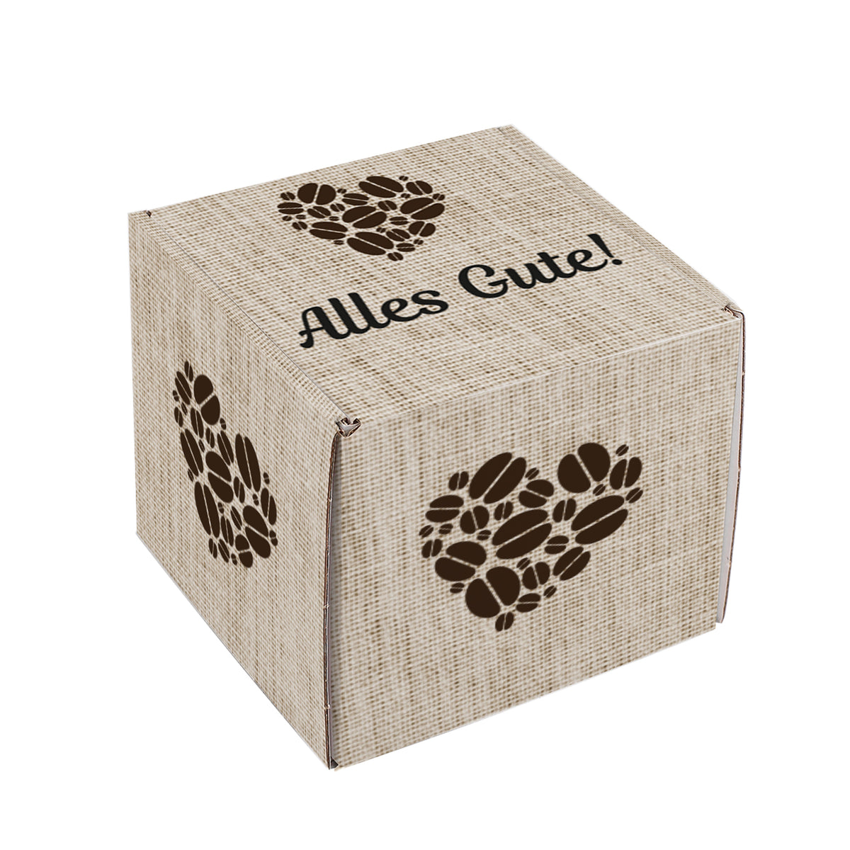 Personalisierte Geschenkbox mit Kaffee-Motiv freigestellt vor weißem Hintergrund – Produktfoto für Online-Shop.