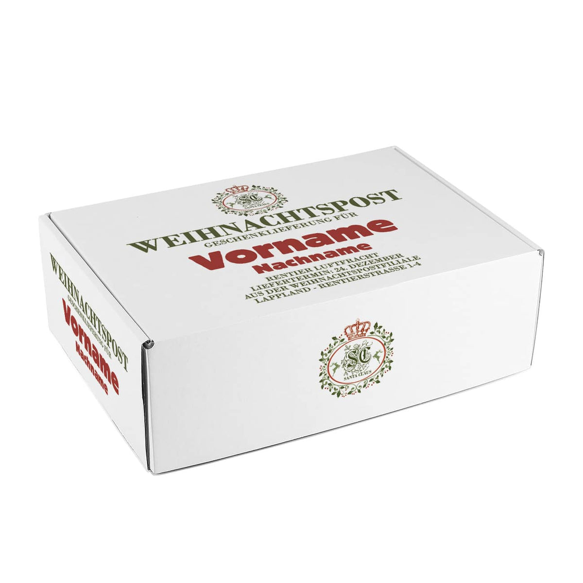 Geschenkkarton aus der Weihnachtspost-Filiale mit Name