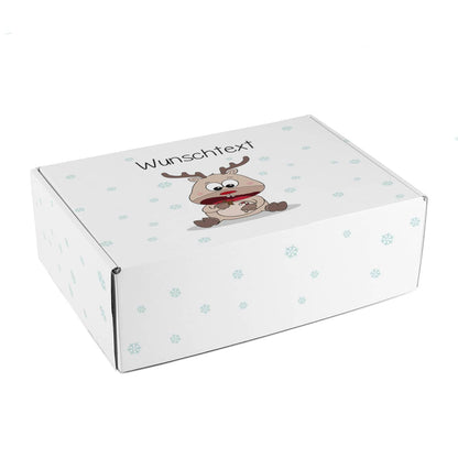 Geschenkverpackung mit niedlichem Rentier und Wunschtext