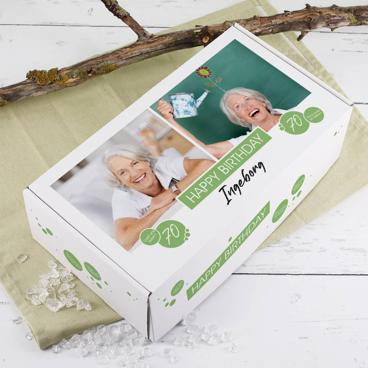 Geburtstagsgeschenk-Verpackung mit 2 Fotos, Name, Alter