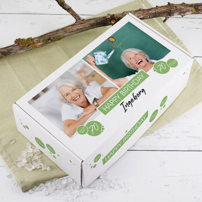 Geburtstagsgeschenk-Verpackung mit 2 Fotos, Name, Alter