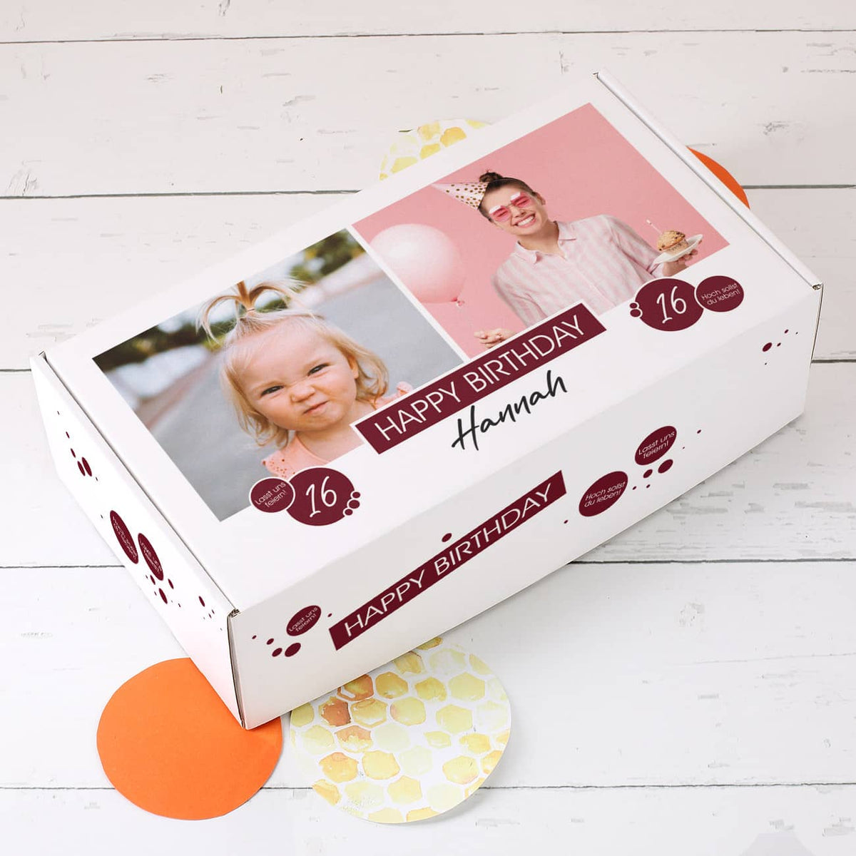 Geburtstags-Geschenkbox mit 2 Fotos, Name, Alter