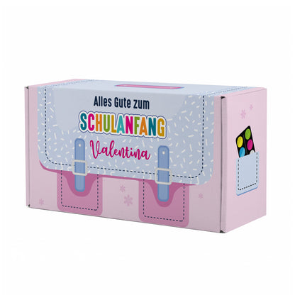 Mittlere rosa Geschenkverpackung zur Einschulung im Schulranzen-Design mit Name personalisiert