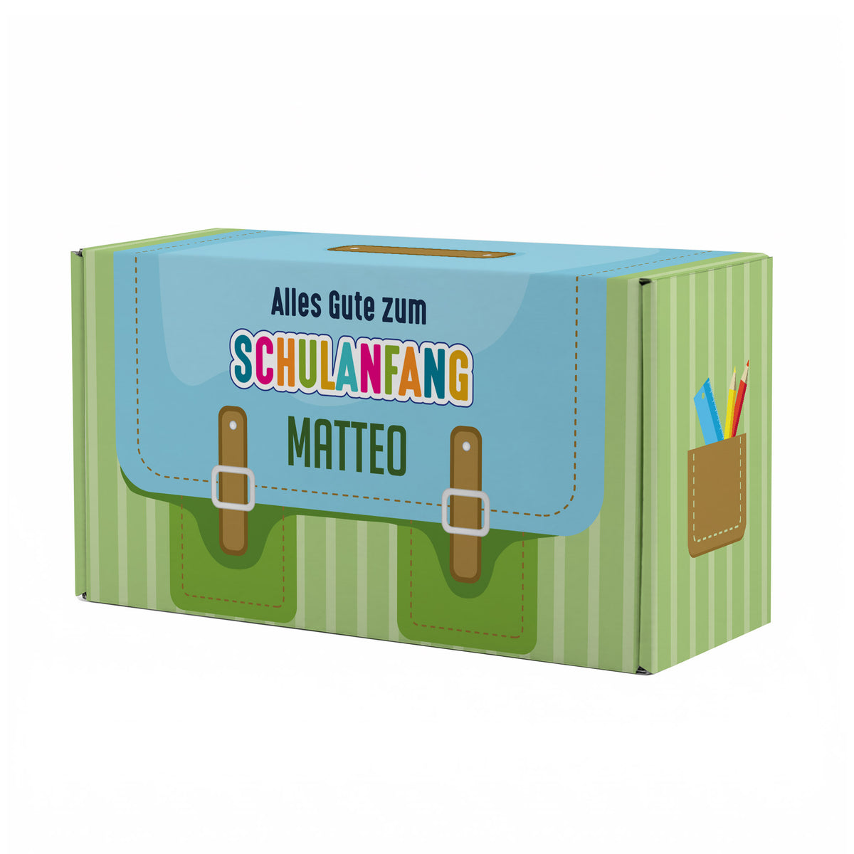 Mittlere grüne Geschenkverpackung zur Einschulung im Schulranzen-Design mit Name personalisiert