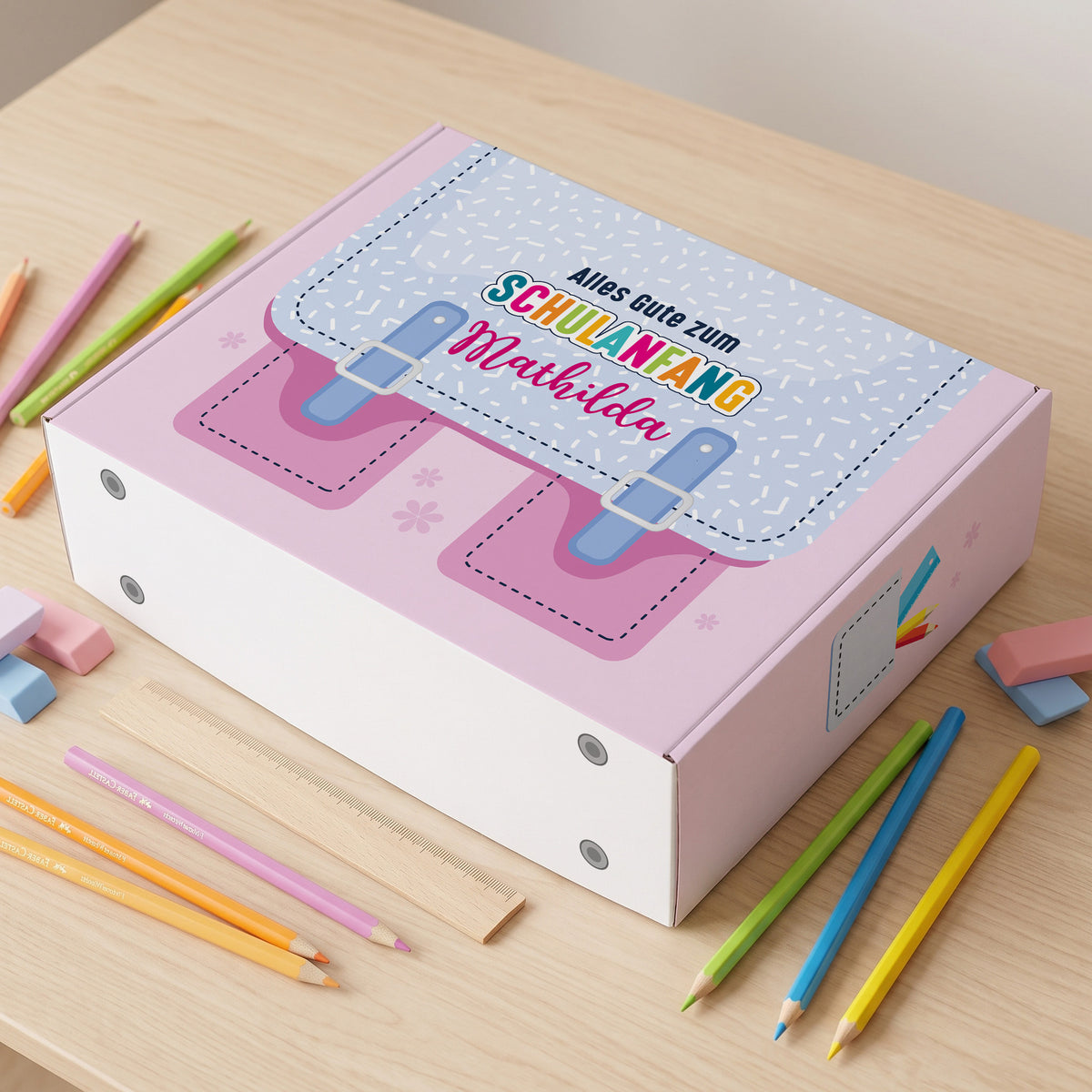 Große rosa Geschenkverpackung zur Einschulung mit Name zum selbst befüllen