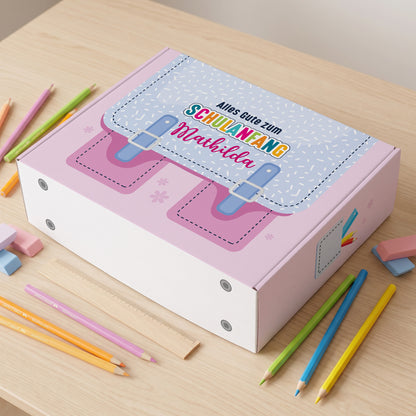 Große rosa Geschenkverpackung zur Einschulung mit Name zum selbst befüllen