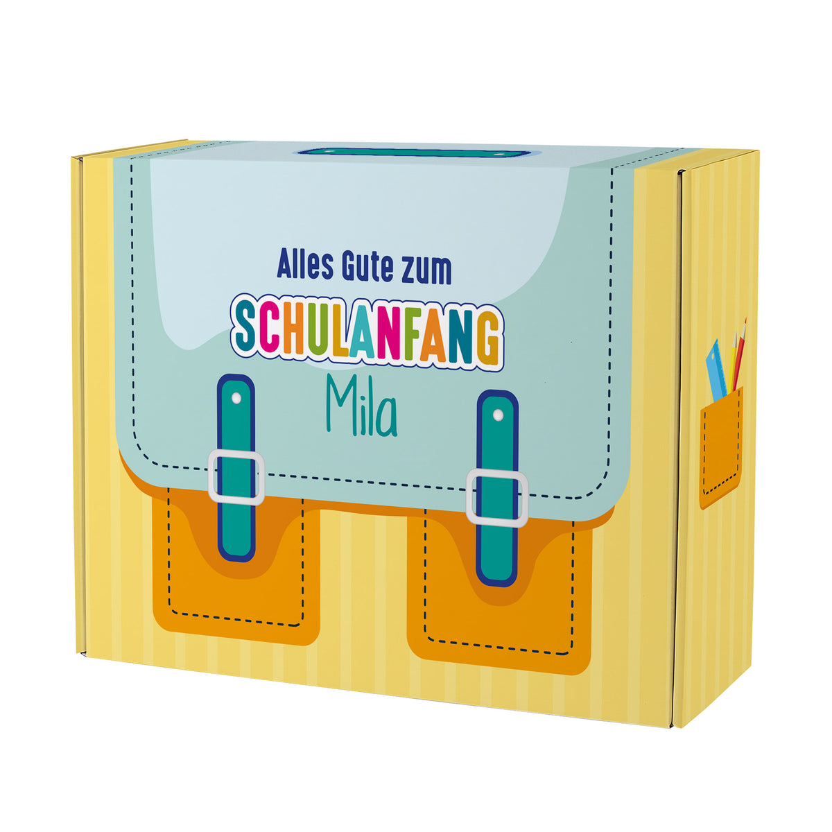 Große gelbe Geschenkverpackung zur Einschulung im Schulranzen-Design mit Name personalisiert