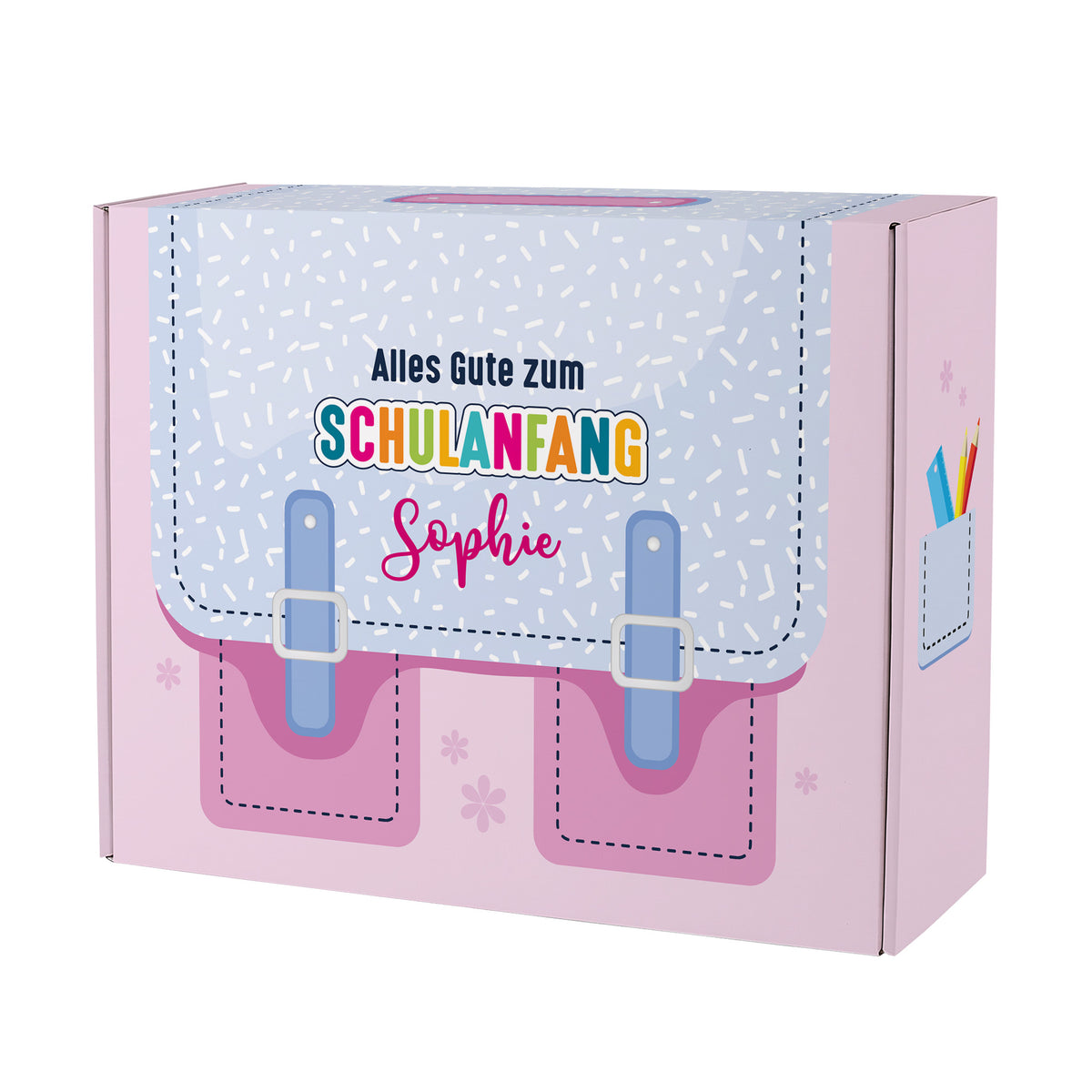 Große rosa Geschenkverpackung zur Einschulung im Schulranzen-Design mit Name personalisiert