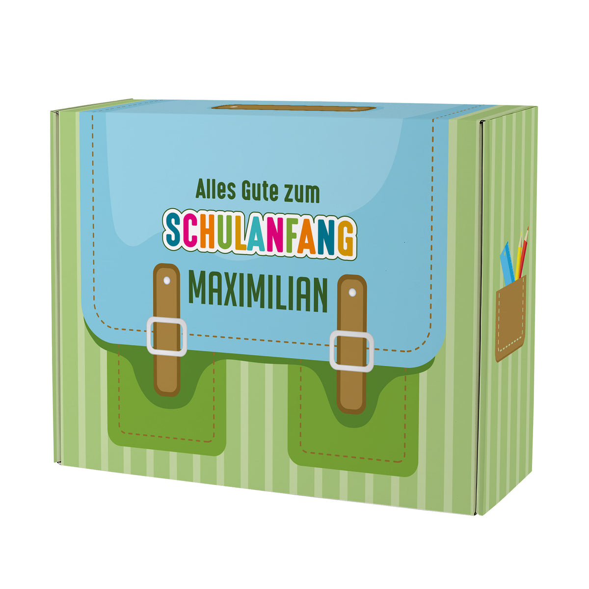 Große grüne Geschenkverpackung zur Einschulung mit Schulranzen-Motiv und Wunschname personalisiert