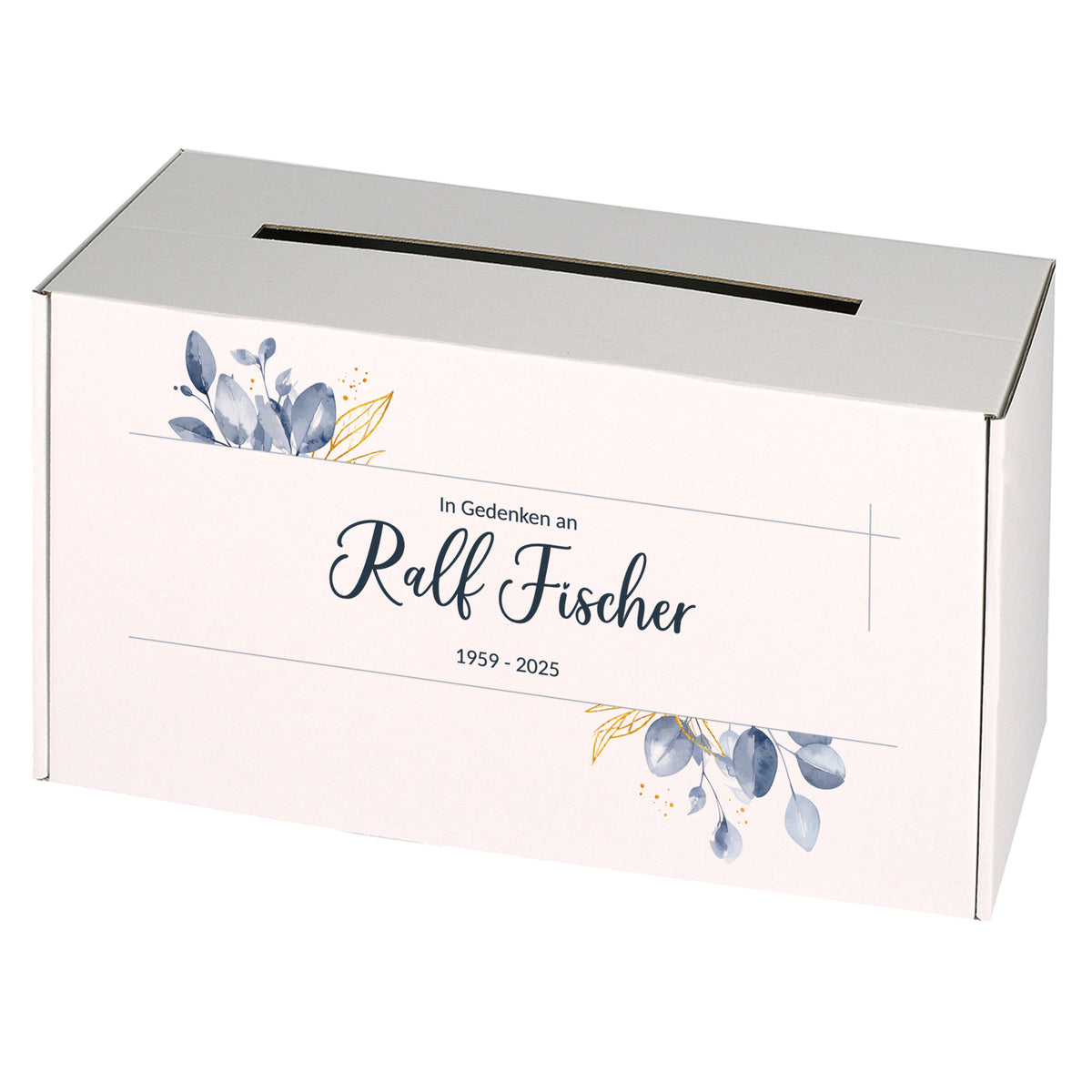 Personalisierte Kondolenzbox für Trauerbriefe, Name und Datum, weißer Karton, stabil, bedruckt mit Blättermotiv, seitlicher Briefschlitz.
