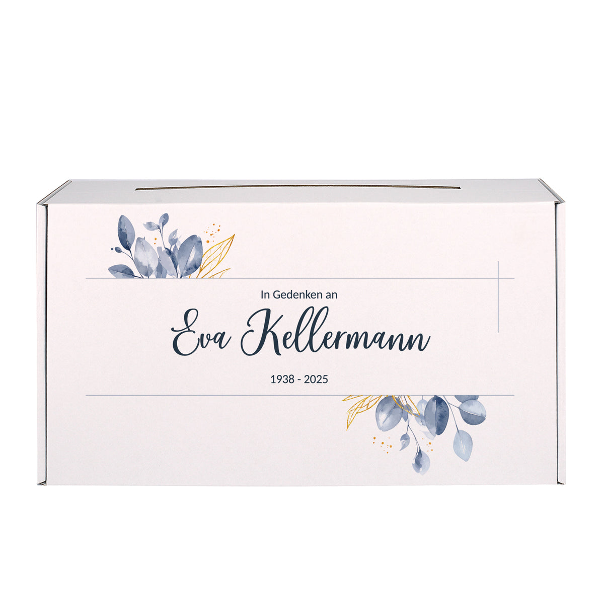 Weiße Briefbox für Trauerfeiern, personalisierbar mit Name und Datum, stabiler Karton, bedruckt mit Blattmotiv, ideal für Kondolenzkarten.