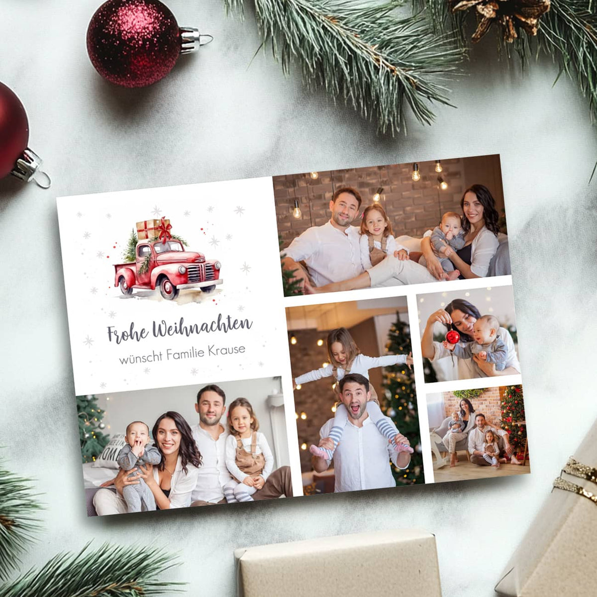 Foto - Weihnachtskarte mit fünf Bildern und Wunschtext