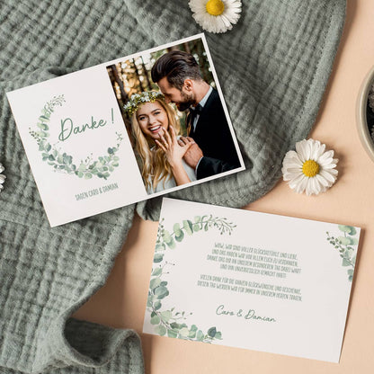 Danksagungskarte zur Hochzeit mit Eukalyptus und Ihrem Foto