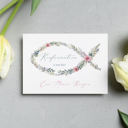 Einladungskarte zur Konfirmation, Kommunion, Taufe mit Wunschdaten | Blumen-Fisch Ichthys