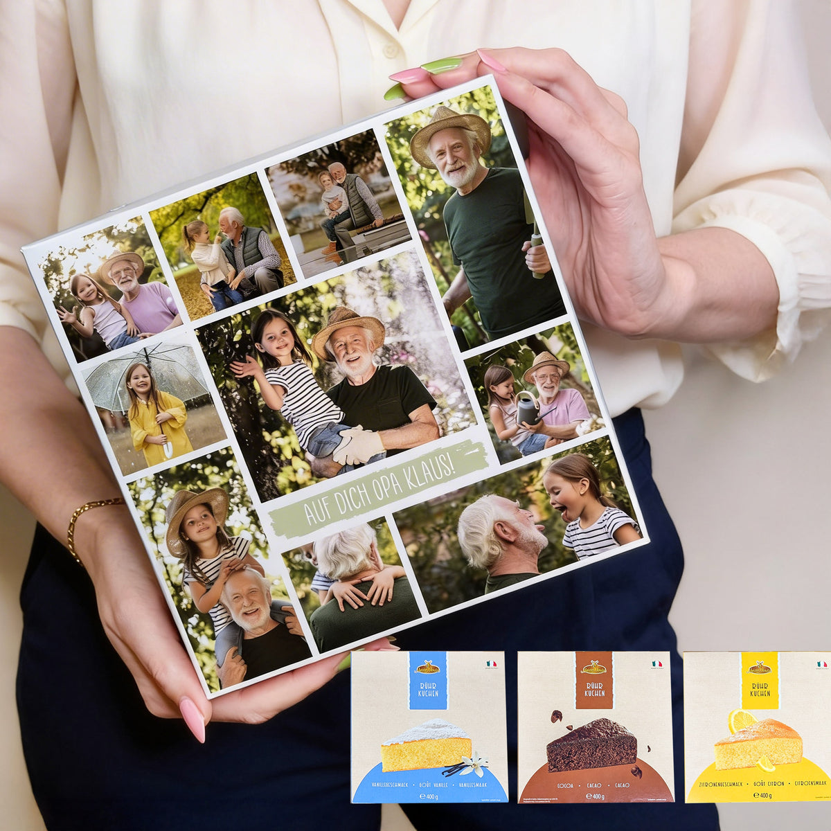 Verpackter Kuchen mit Fotos und Wunschtext