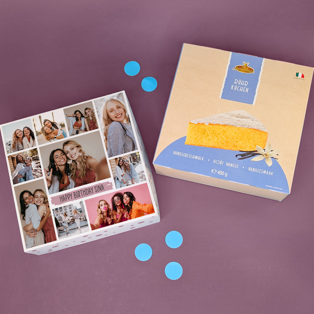 Personalisierter Kuchen mit 10 Fotos & Wunschtext – Vanillevariante mit bedruckter Verpackung