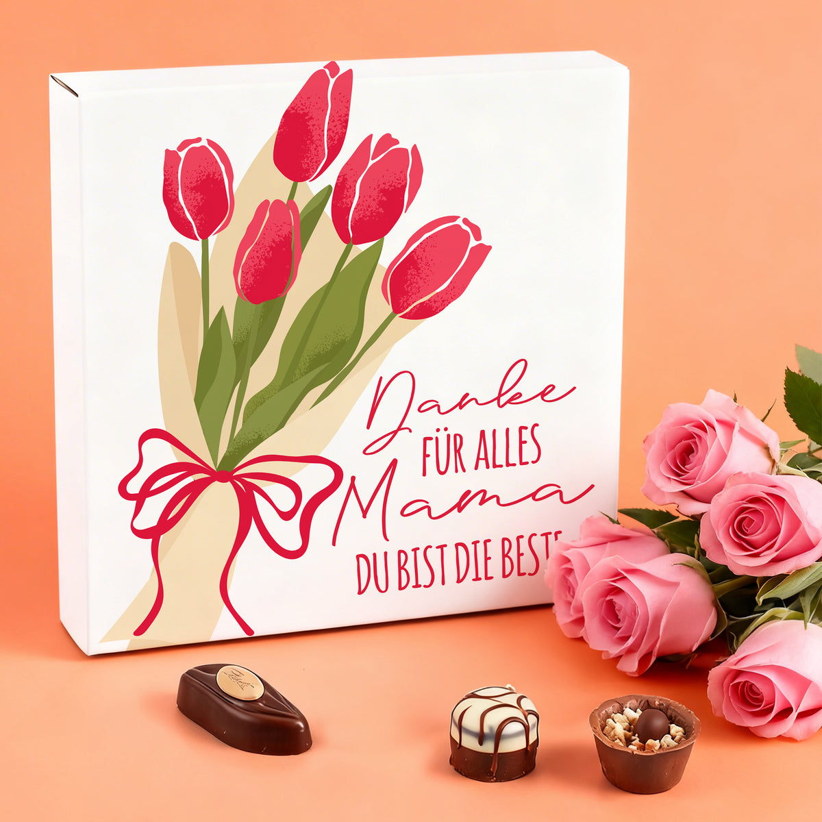 Lindt Pralinen Muttertag Geschenk mit Tulpen und Danke Mama Design in hochwertiger Verpackung