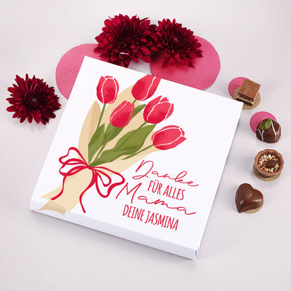Personalisierte Schokoladenbox für Mama mit Tulpenstrauß Motiv und Wunschtext