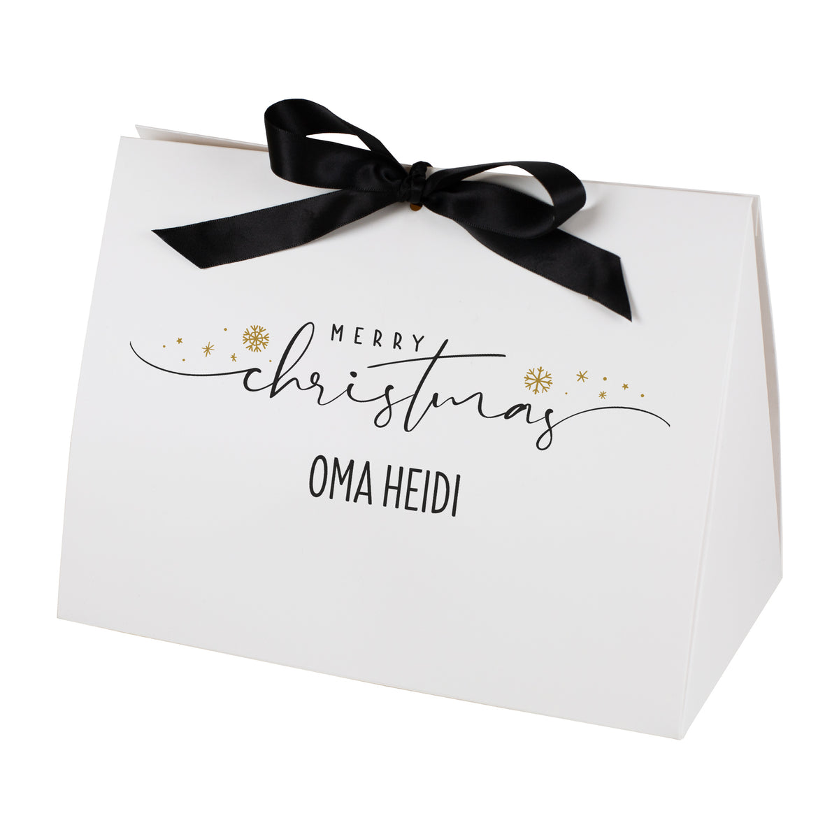 Große weiße Geschenktasche mit personalisiertem Merry Christmas Druck und Satinband
