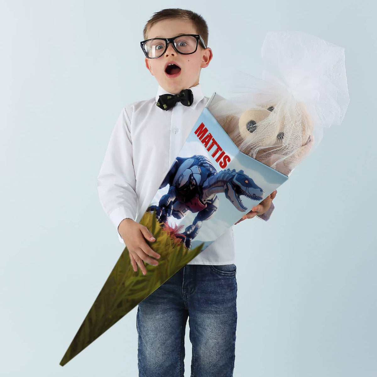 Schultüte mit außergewöhnlichem T-Rex in Roboter-Optik