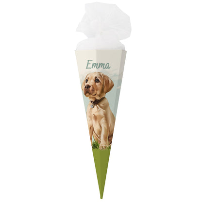 Zuckertüte mit niedlichem Hund und Ihrem Wunschnamen bedruckt