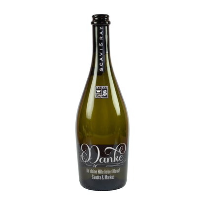 Freigestellte Scavi & Ray Prosecco-Flasche mit Danke-Gravur und personalisierbarem Wunschtext