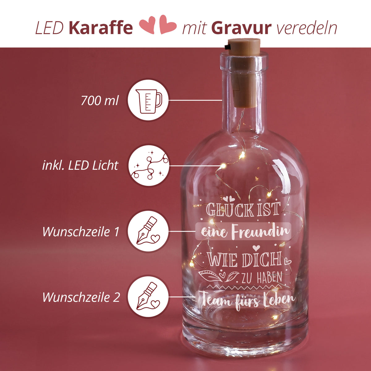 Glück ist eine Freundin wie dich zu haben – gravierte Karaffe mit LED Lichterkette
