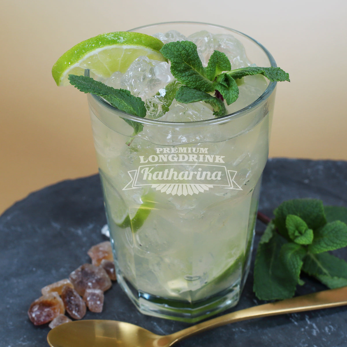 Longdrinkglas graviert mit Name und Premium Longdrink Motiv