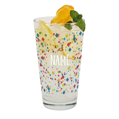 Glas mit bunten Quadraten und Name bedruckt