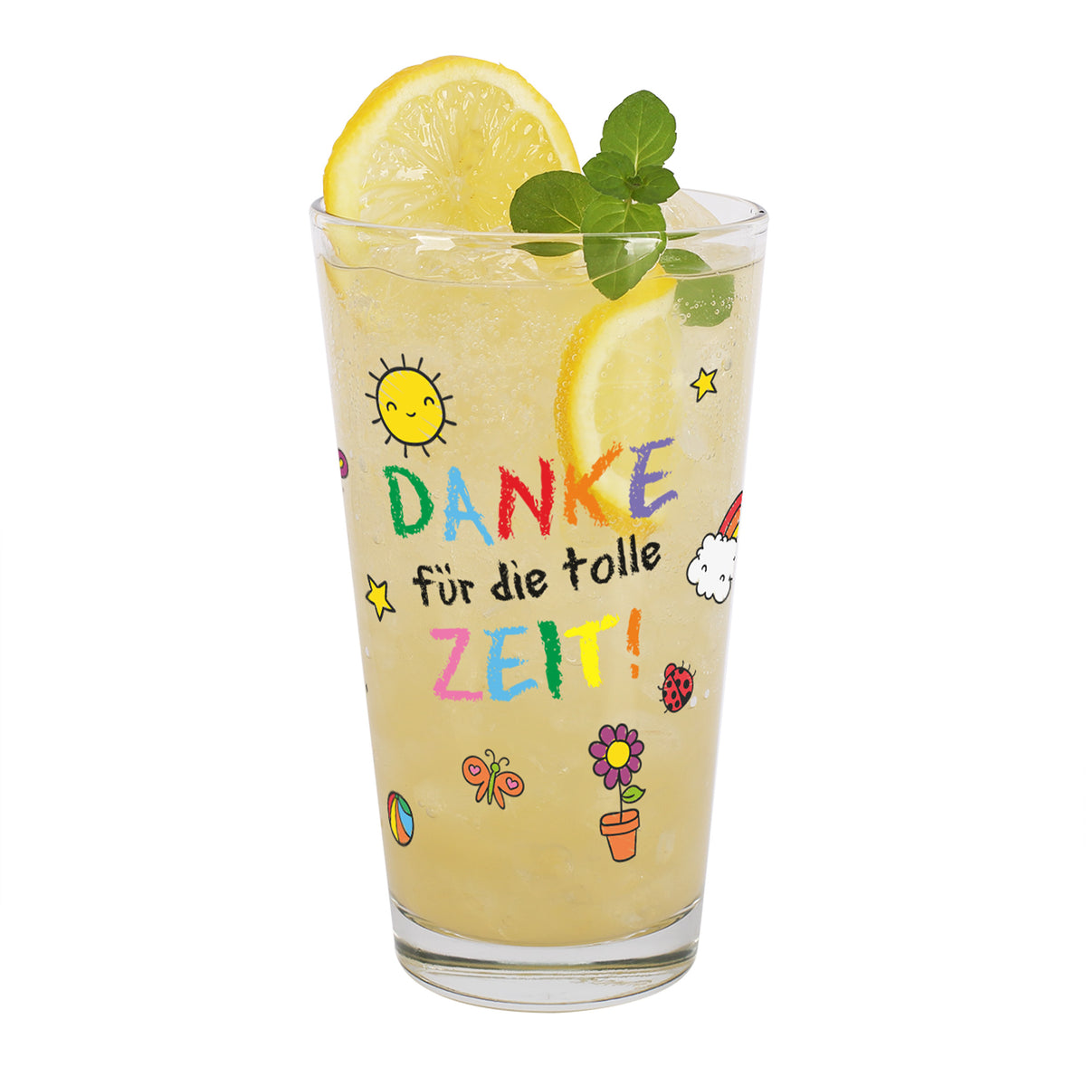 Trinkglas zum Abschied für Erzieher "Danke für die tolle Zeit!" mit Wunschtext und buntem Motiv