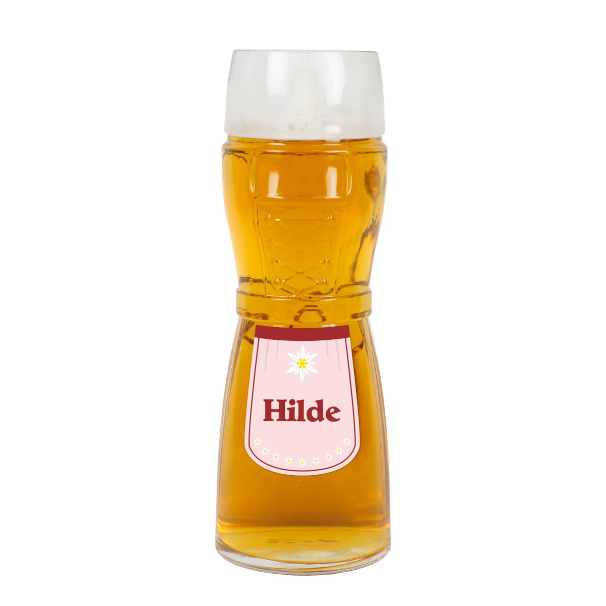 Dirndl-Bierglas mit Schürze, Edelweiß & Name personalisiert in 3 Farben | Geschenk für Frauen
